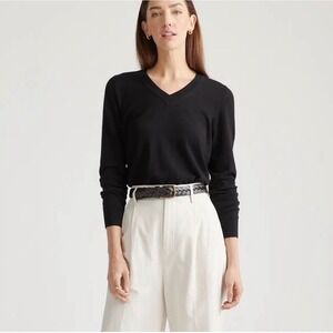 Quince V Neck sweater lightweight cotton cashmere black XL minimalist classic